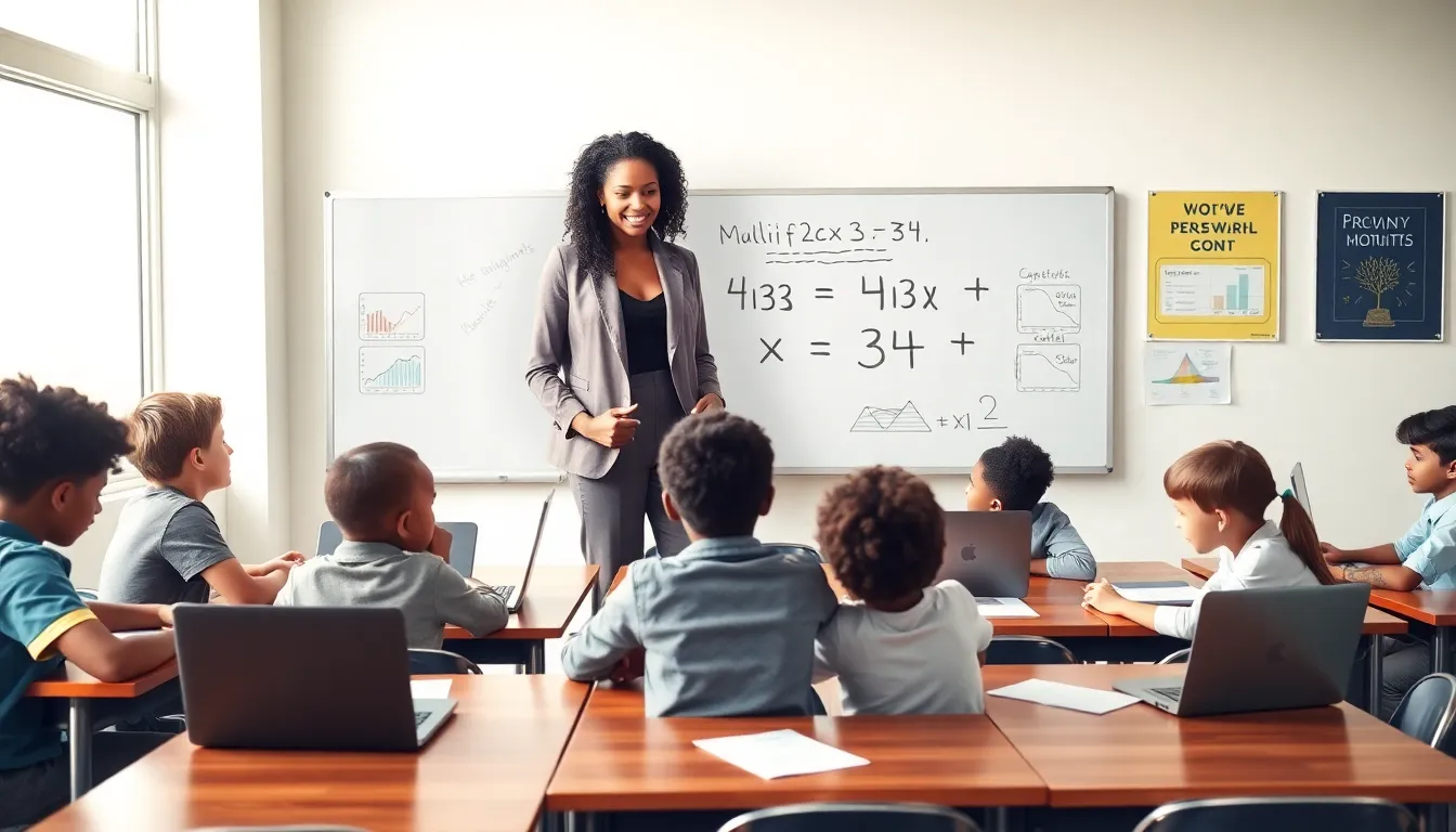 students collaborating in a modern classroom discussing multiplication.